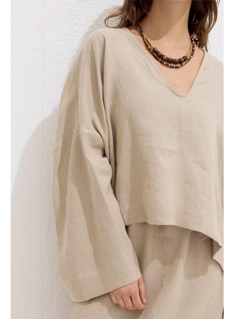 Manuka Premium V-Neck Linen Blouse Sand - Image 5